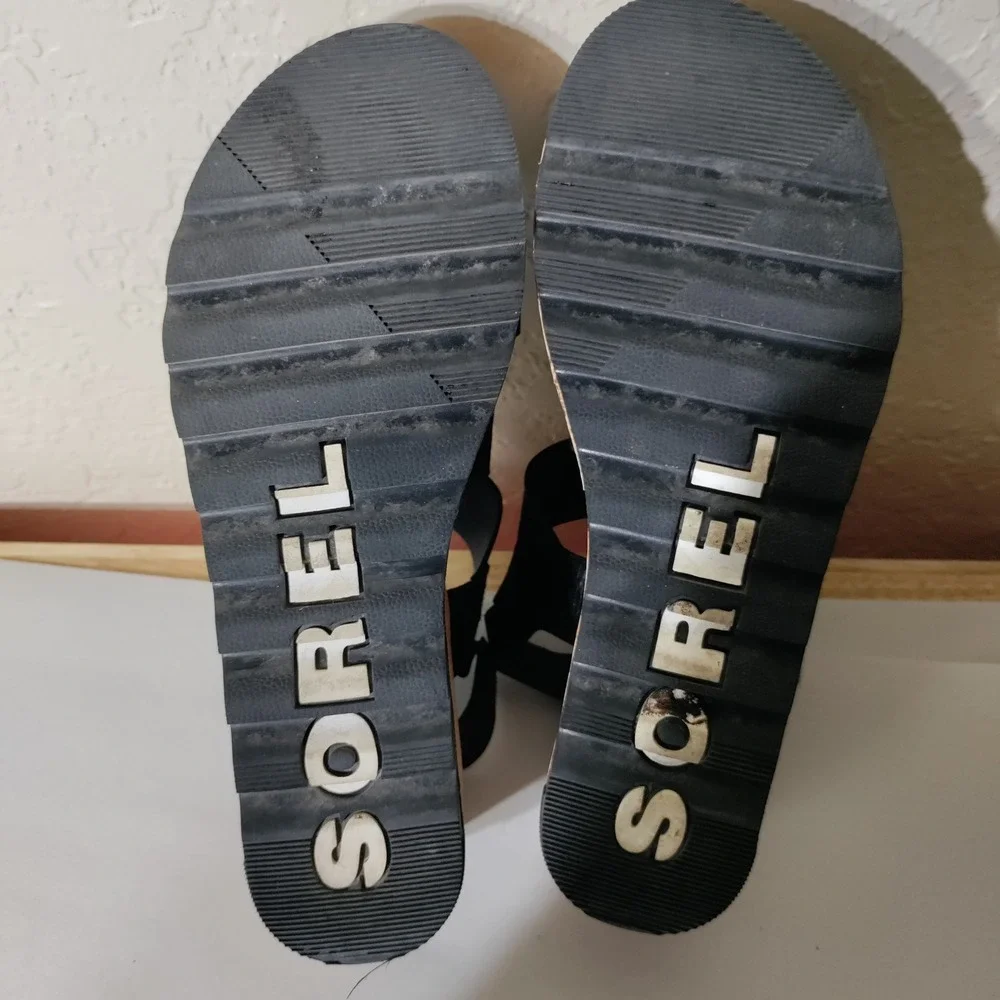 Sorel Cameron Flatform Sandals Black Leather Cork Wedge NL3998-010 Womens 6.5